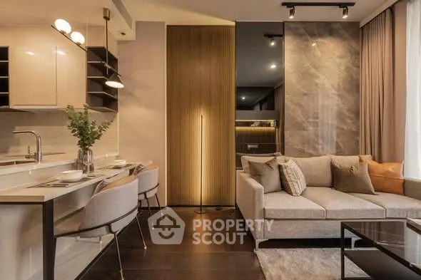 Luxurious modern living room with open kitchen and elegant decor