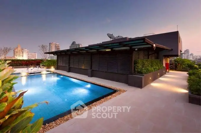 Luxurious rooftop pool with stunning cityscape views at sunset, perfect for relaxation and entertainment.