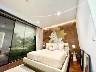 Luxurious modern bedroom with elegant decor and large window view