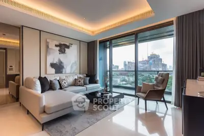 Luxurious living room with modern decor and stunning city view from large windows.