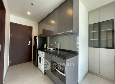 Modern kitchen with sleek cabinetry and built-in appliances in a compact layout.