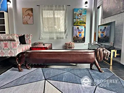 Stylish living room with unique lion-shaped leather bench and modern decor