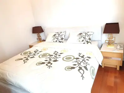 Elegant bedroom with stylish bedding and modern bedside lamps on wooden floor.