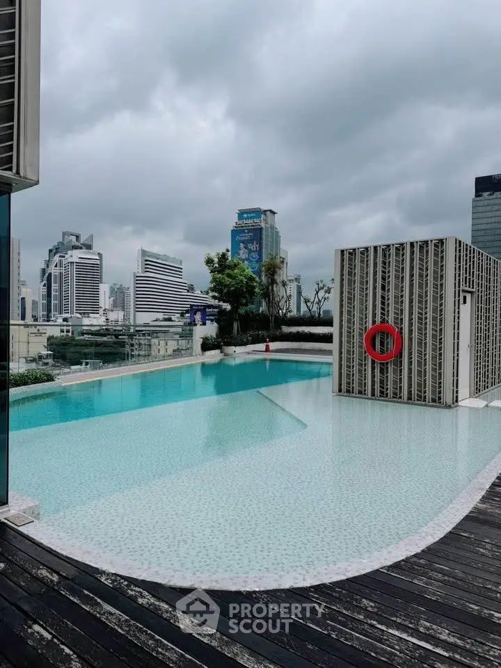 Luxurious rooftop pool with stunning city skyline view, perfect for urban living.