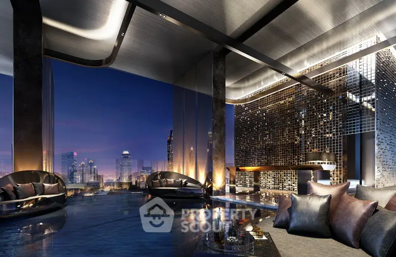 Luxurious modern living room with stunning city skyline view and elegant interior design.