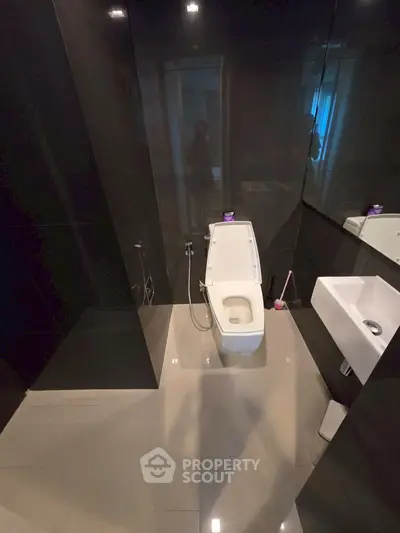 Modern bathroom with sleek black tiles and contemporary fixtures