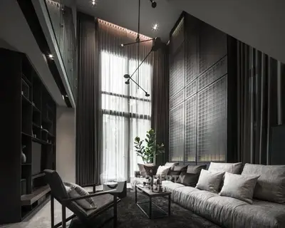 Luxurious modern living room with high ceilings and elegant decor.