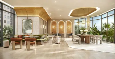 Luxurious modern living room with elegant decor and large windows offering a stunning view.