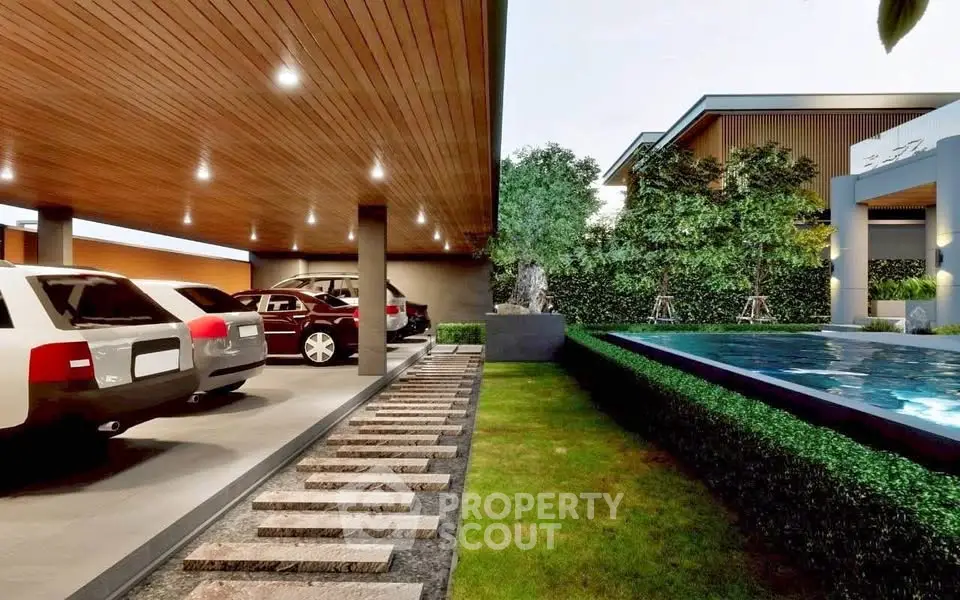 Luxurious modern home exterior with covered parking and elegant poolside garden.