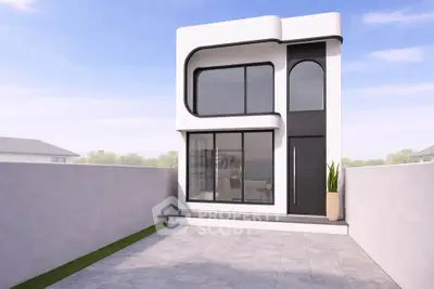 Modern minimalist two-story house with sleek design and large windows, perfect for contemporary living.