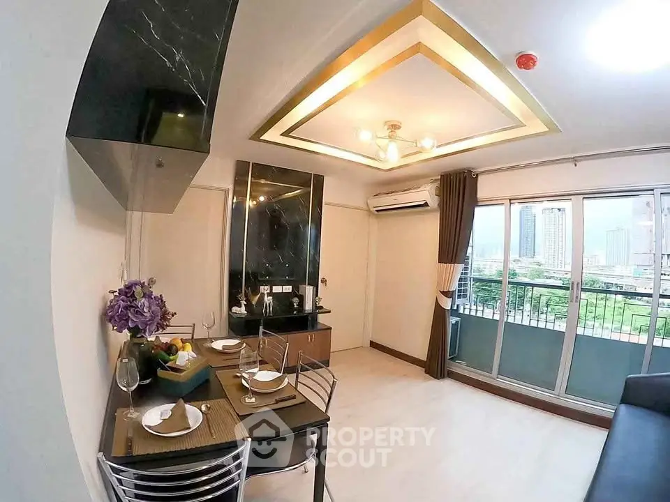 Modern living room with elegant dining area and city view balcony
