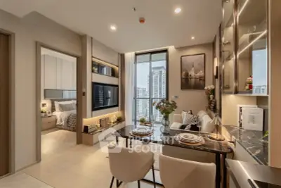 Modern open-plan living and dining area with city view, stylish decor, and natural light.