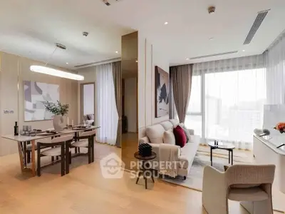 Luxurious open-plan living and dining area with modern decor and city view.
