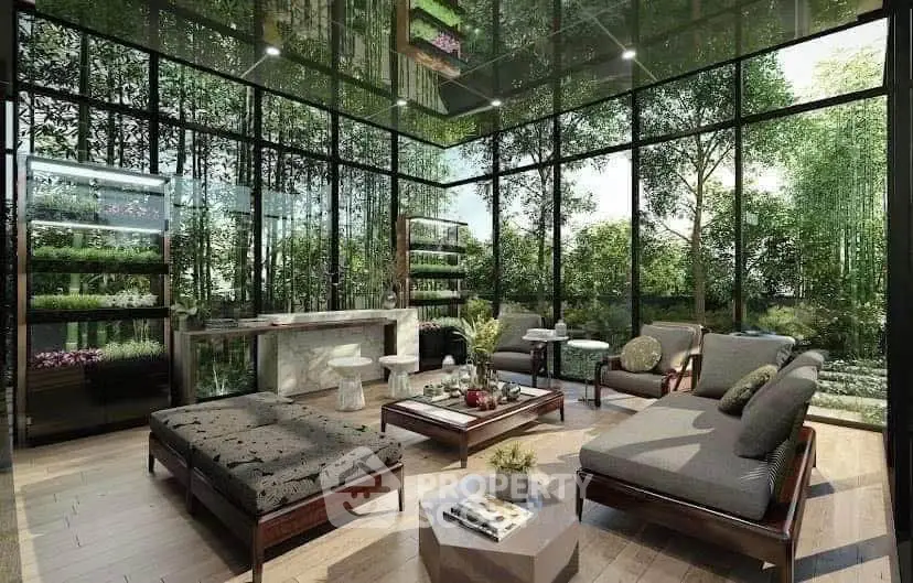 Luxurious living room with floor-to-ceiling windows and lush garden view.