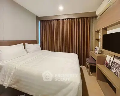 Cozy bedroom with modern decor and large window with brown curtains