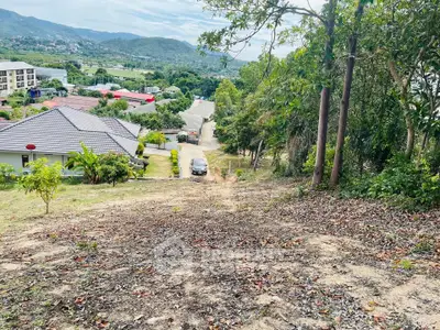 Scenic hillside view overlooking residential area with lush greenery and distant mountains.