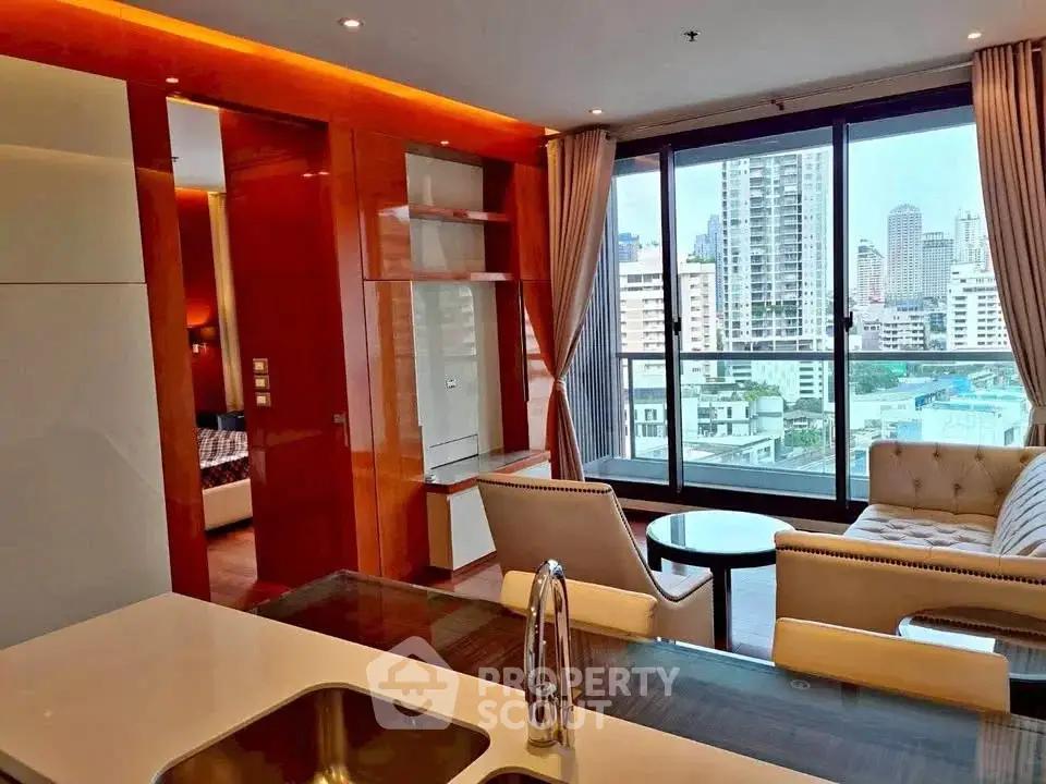 Luxurious modern living room with city view and elegant furnishings