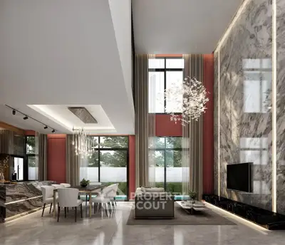 Luxurious modern living room with high ceilings and elegant marble accents.