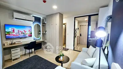 Modern living room with stylish decor and smart TV in a cozy apartment