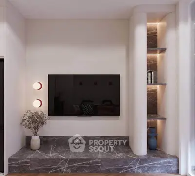 Modern living room with sleek TV setup and elegant marble accents