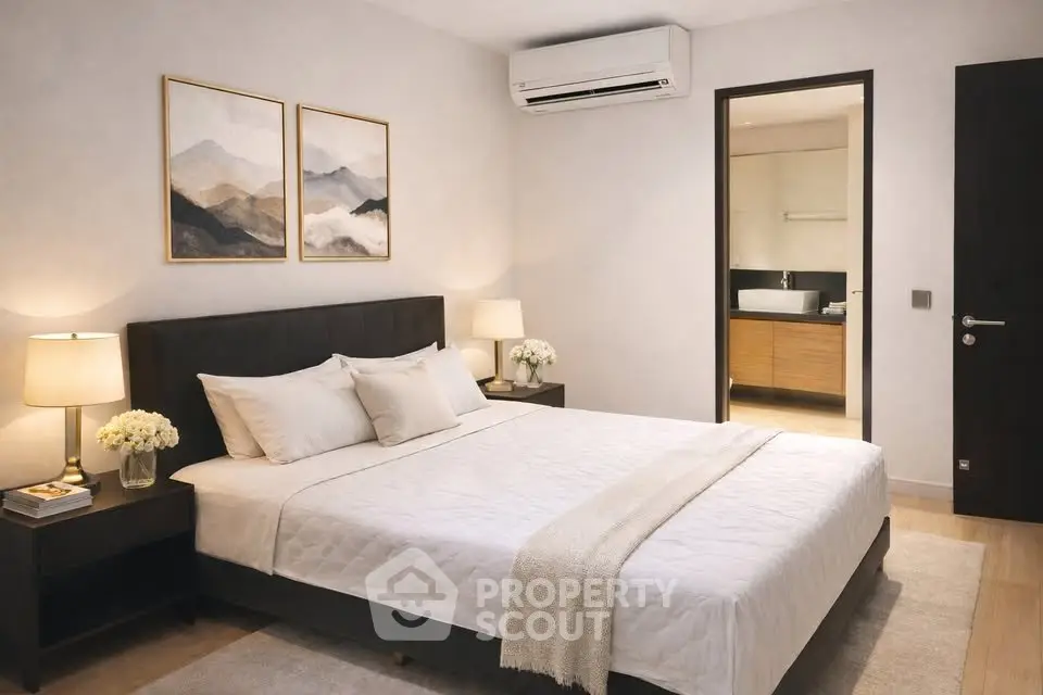 Elegant bedroom with modern decor and ensuite bathroom in luxury apartment.