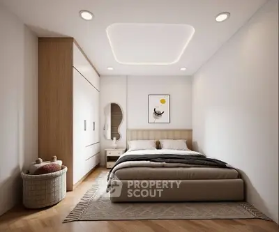 Modern bedroom with stylish decor and cozy ambiance, featuring a comfortable bed and elegant lighting.
