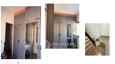 Modern storage solutions with sleek cabinets and staircase in a contemporary home.