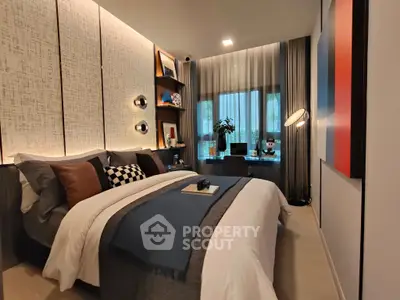 Modern bedroom with stylish decor and cozy ambiance, featuring a large window and elegant lighting.