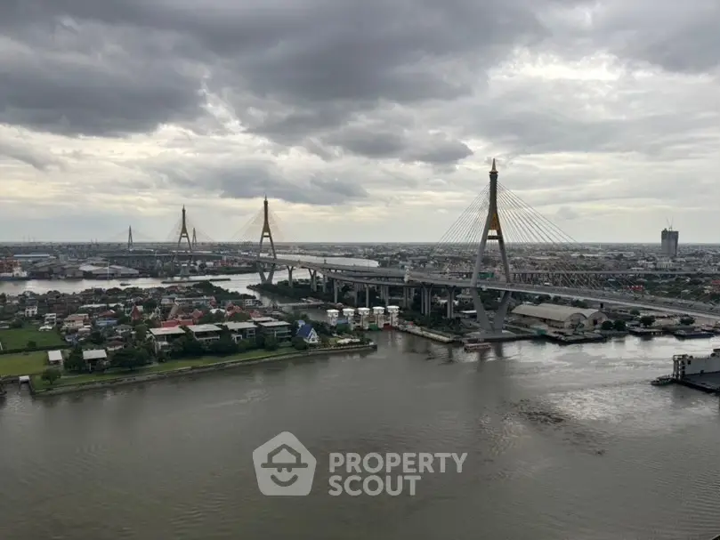Stunning aerial view of a cityscape with a prominent bridge over a river, showcasing urban architecture.