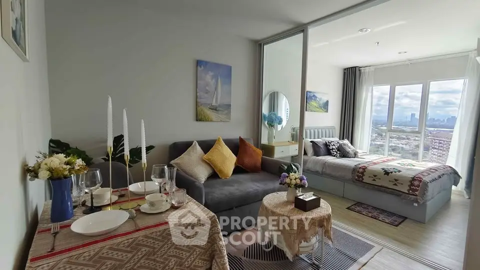 Chic studio apartment with modern decor and stunning city view
