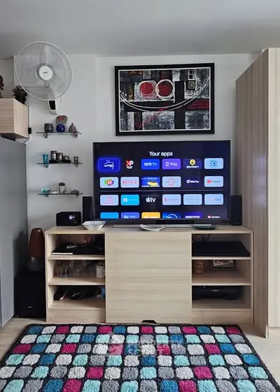 Modern living room with stylish decor and entertainment center