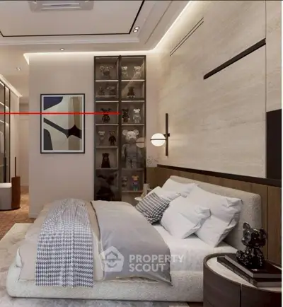 Luxurious modern bedroom with elegant decor and plush bedding, featuring a stylish art piece and ambient lighting.