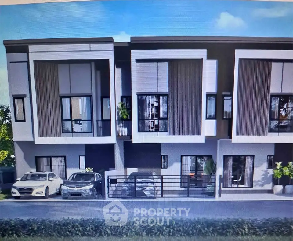 Modern townhouse exterior with sleek design and spacious parking area, perfect for urban living.