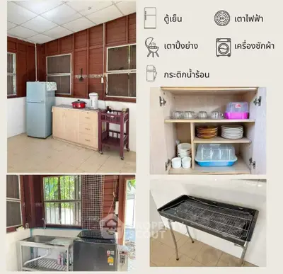 Charming kitchen with fridge, electric stove, and ample storage in cozy wooden interior.