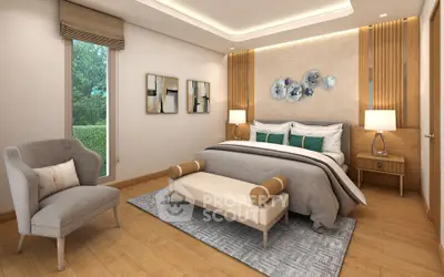Luxurious modern bedroom with elegant decor and large window view.