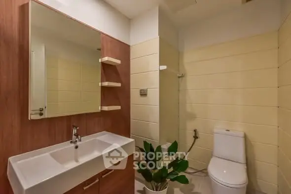 Modern bathroom with sleek sink and toilet, featuring stylish wood accents and a potted plant.