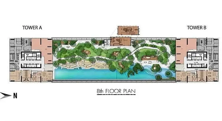 8th floor plan showcasing towers A and B with lush gardens and a central pool area.