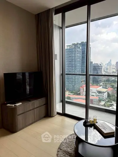 Modern living room with city view and sleek furniture