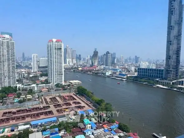 Stunning river view of a vibrant cityscape with modern skyscrapers and serene waterway.