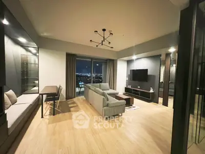 Modern living room with city view, sleek furniture, and ambient lighting