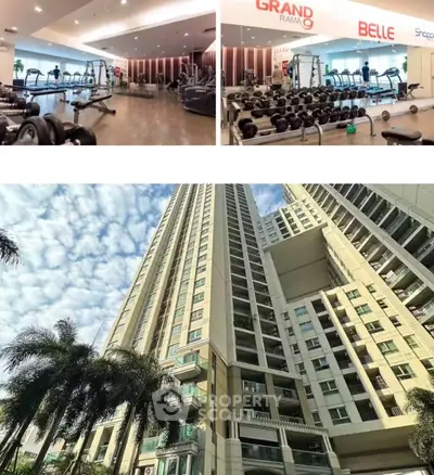 Luxurious high-rise building with modern gym facilities and stunning architectural design.