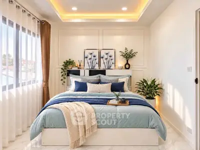Luxurious bedroom with elegant decor and natural light, featuring a cozy bed and stylish plants.
