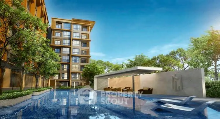 Luxurious apartment building with stunning pool and modern outdoor lounge area.