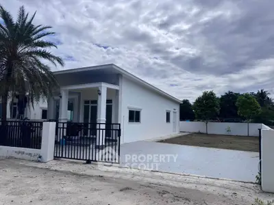 Modern single-story white house with spacious driveway and palm tree, perfect for serene living.