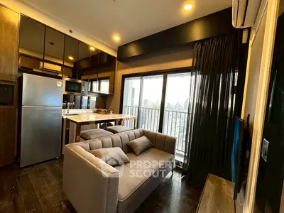 Modern living room with open kitchen and city view balcony in luxury apartment.