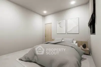 Modern minimalist bedroom with neutral tones and stylish decor