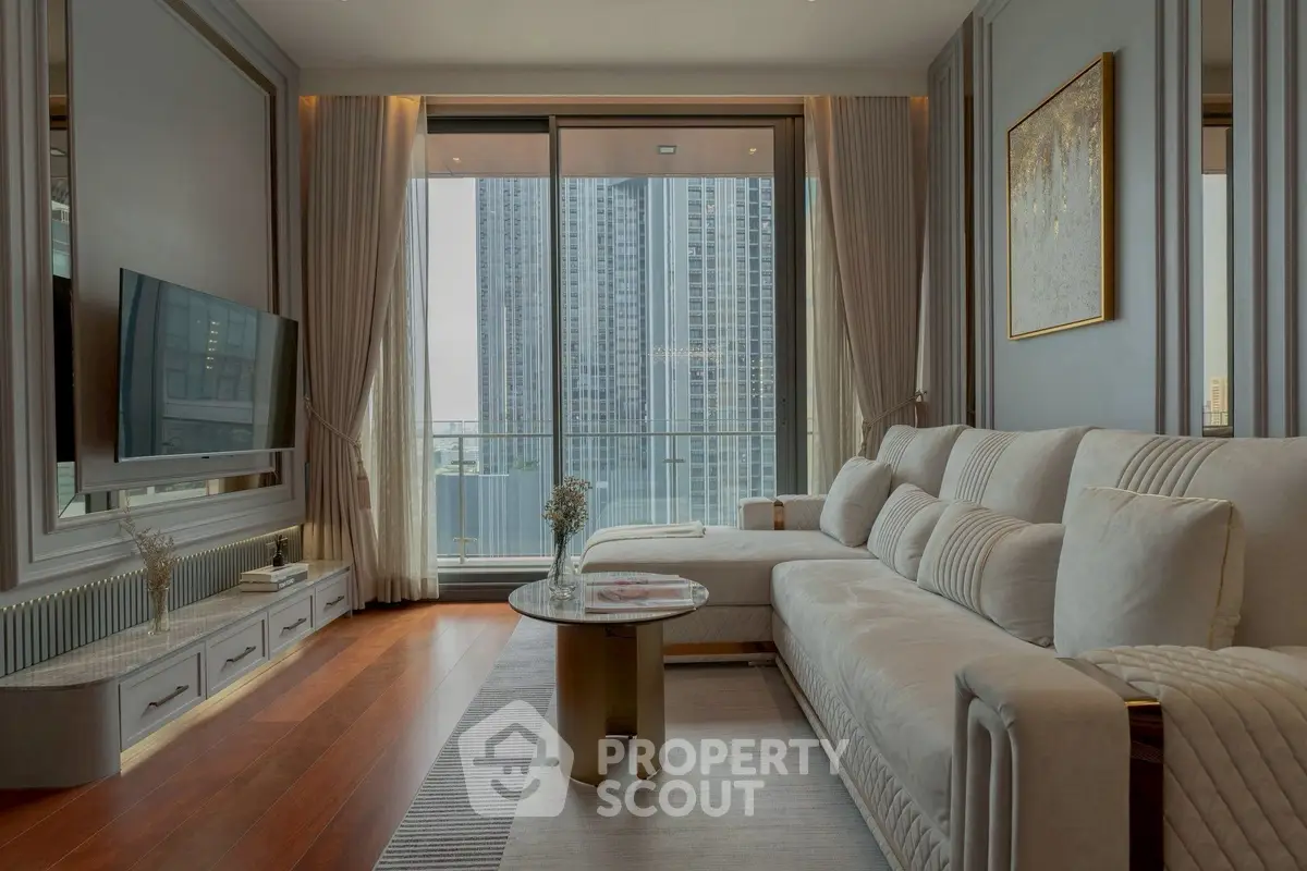 Luxurious living room with modern decor and stunning city view