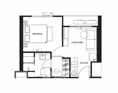 Modern apartment floor plan with bedroom, bathroom, living area, and kitchen layout.