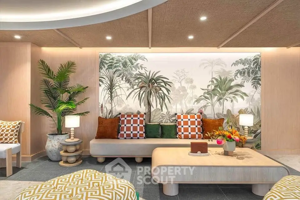 Stylish living room with tropical decor and modern furniture
