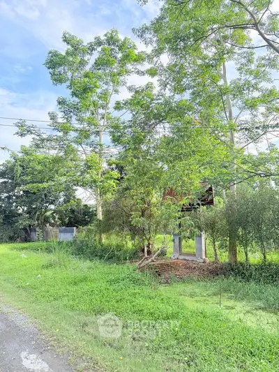 Lush green landscape with trees and a partially visible structure, ideal for serene living.